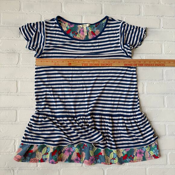 Matilda Jane Women's Navy Blue White Floral Striped Tunic Ruffle Top Shirt sz L - Picture 4 of 6